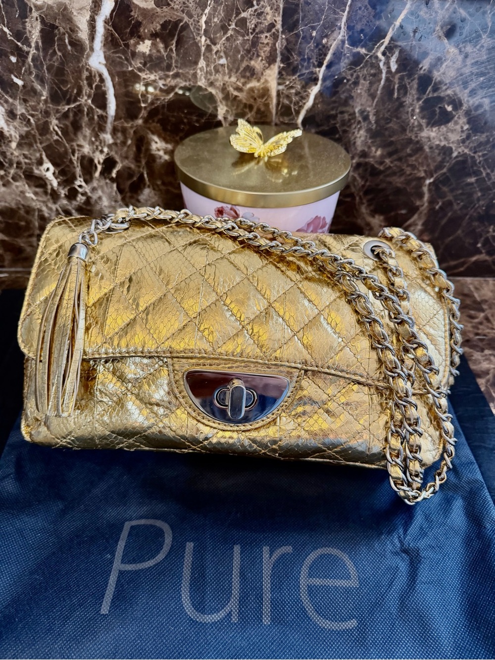 PURE Collection-Gold-Snake Textured Quilted Leather-Shoulder/Crossbody Bag-EUC